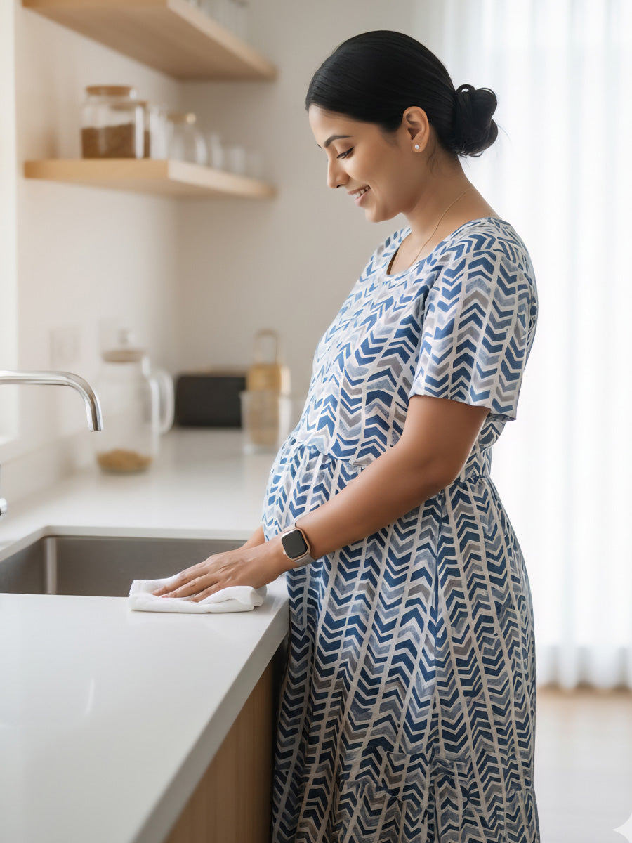 White base blue & grey Chevron Printed Zipless Knitted Maternity & Nursing Dress | Ziva