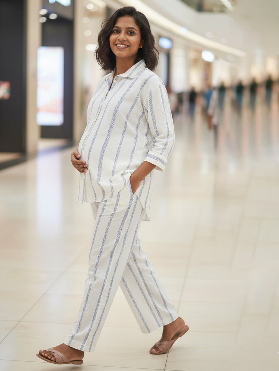 Ziva Light Cream & Blue Cotton Striped Maternity & Feeding Co-ord Set with Inner Baniyan (3-Piece Set)