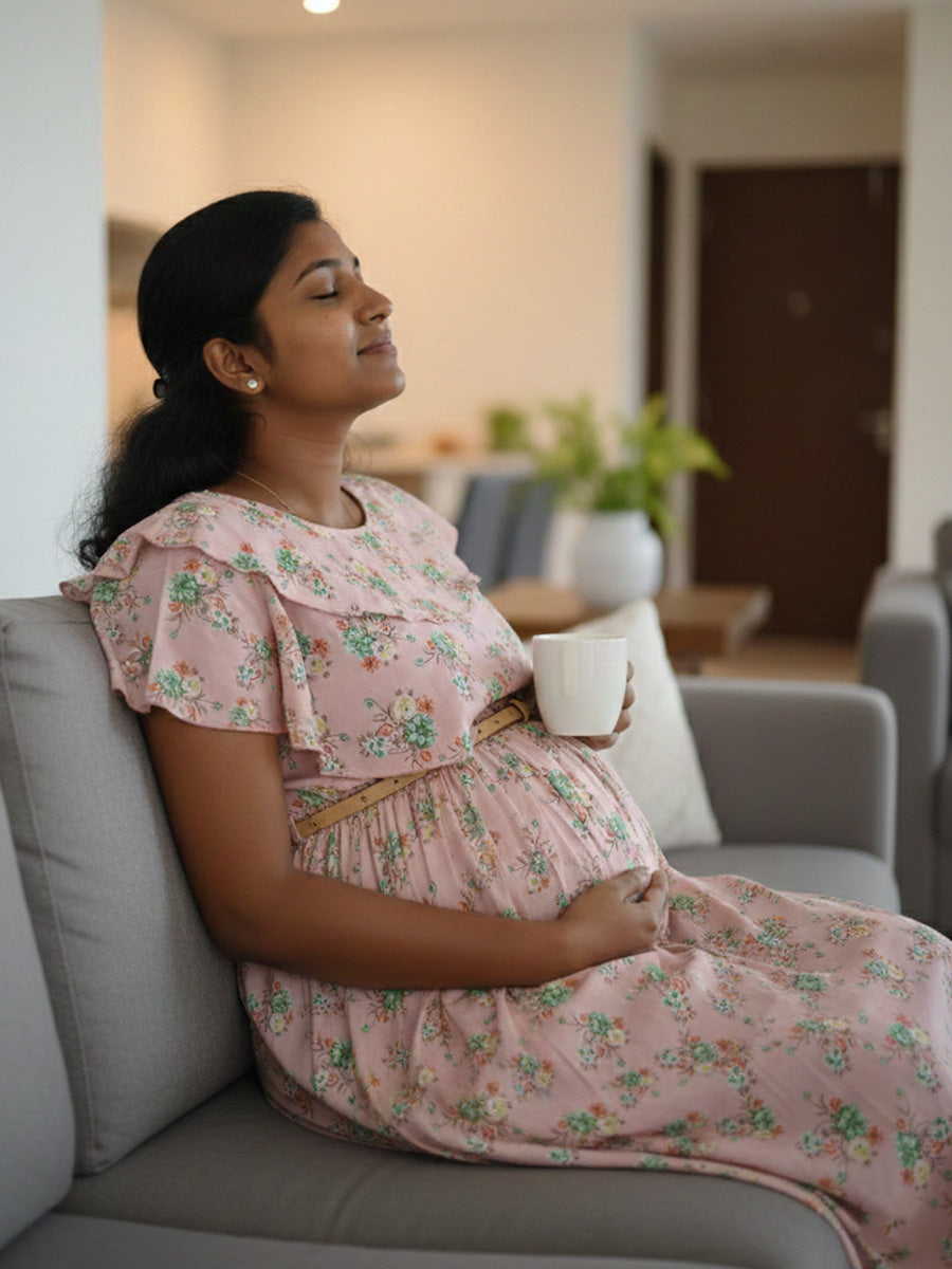 Light Pink Floral Ruffle Overlay Maternity & Feeding Dress