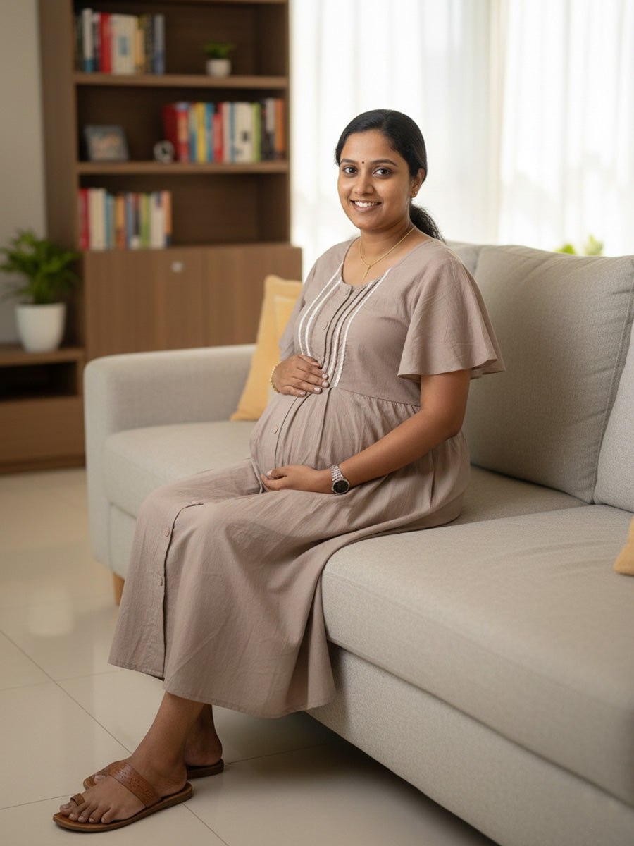 Dark Beige Full-Open Short Maternity & Feeding Nighty