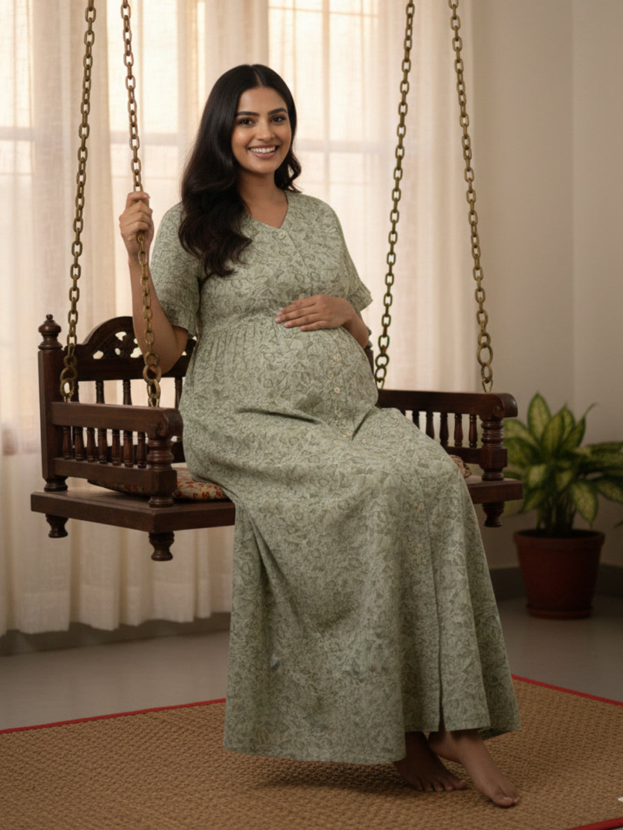 Full-Open Cotton Maternity & Nursing Nighty (Full Length) – Olive Green Leaf Print | Ziva