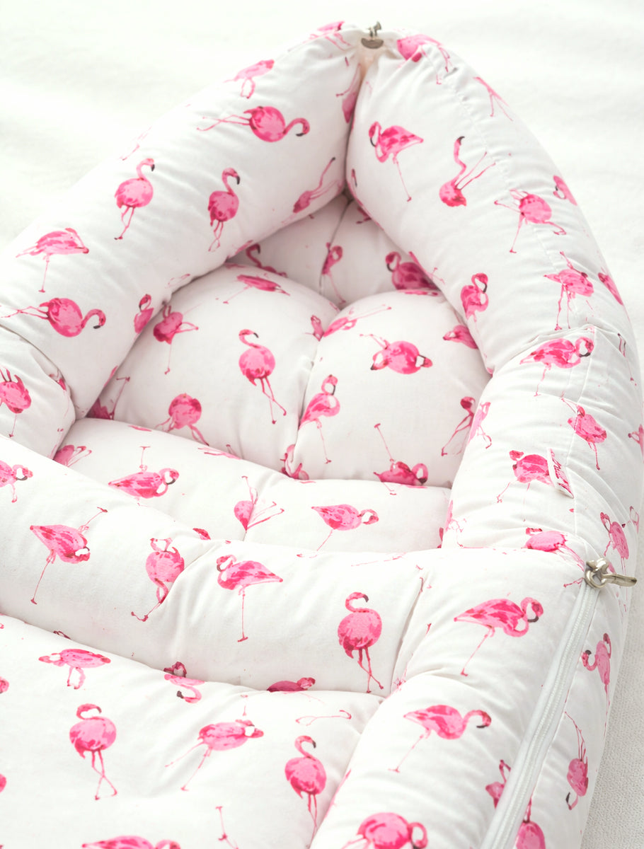 Ziva 3-in-1 Baby Bed –  Carry Nest cum Sleeping Bag (Flamingo Pink Print on White cotton Fabric)