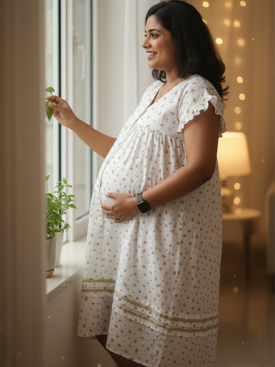 White Yellow-Floral Full-Open Maternity & Nursing Nighty – Cotton by Ziva