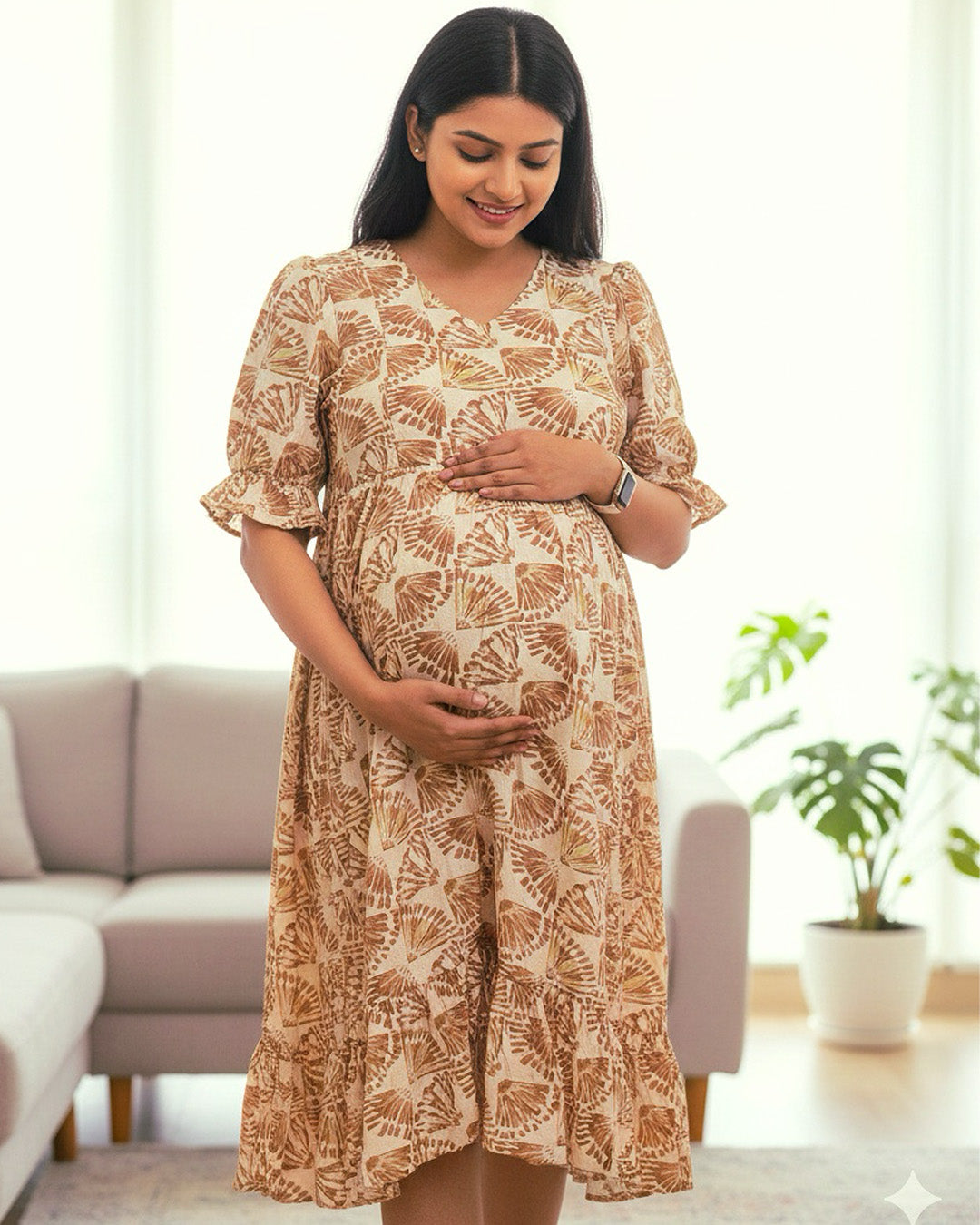 Off-White & Brown Floral Block Print Maternity & Nursing Dress – ziva