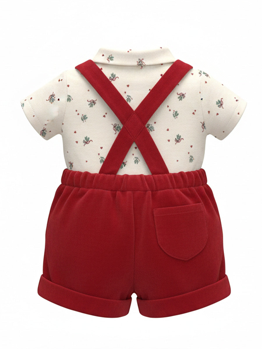 White Collared Shirt & Red Strap Shorts Baby Outfit – Festive & Stylish Set