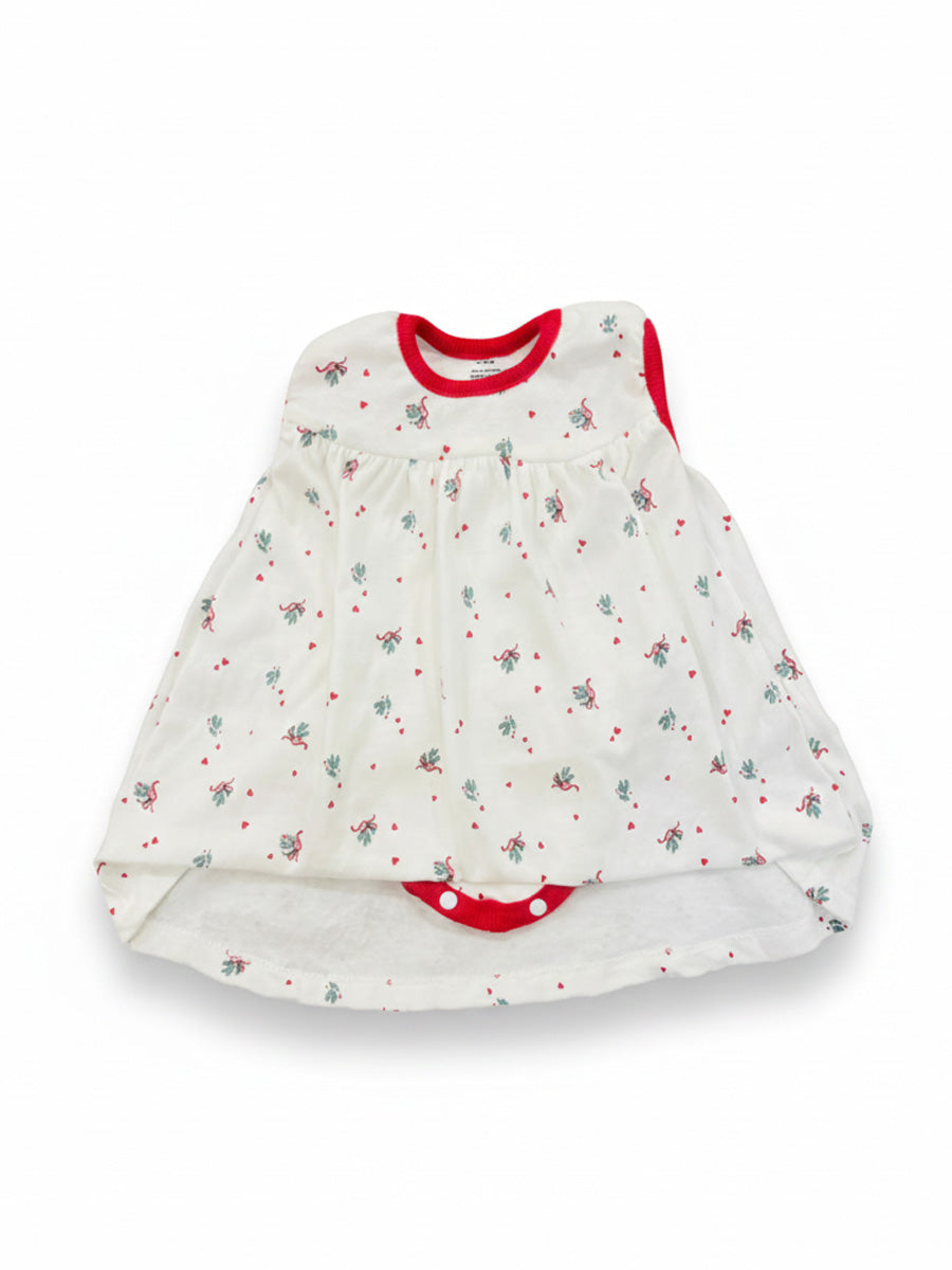 White Christmas Bow Print Baby Girl Sleeveless Dress with Built-In Bloomers