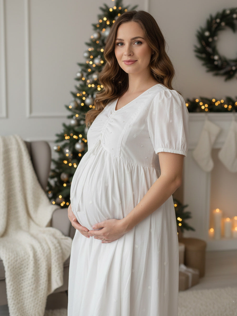 White Cotton Maternity & Feeding Dress with Bead & Thread Work – Christmas Edition
