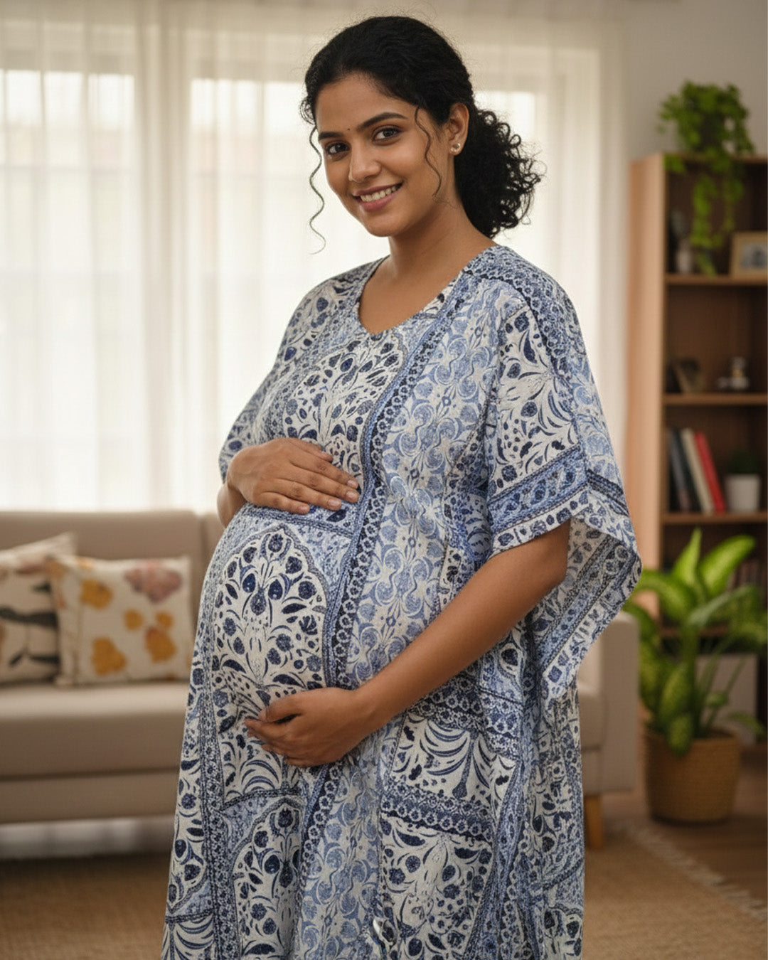 Maternity & Nursing Kaftan – White with Blue Paisley Print, Dual Zip Feeding Access | ziva