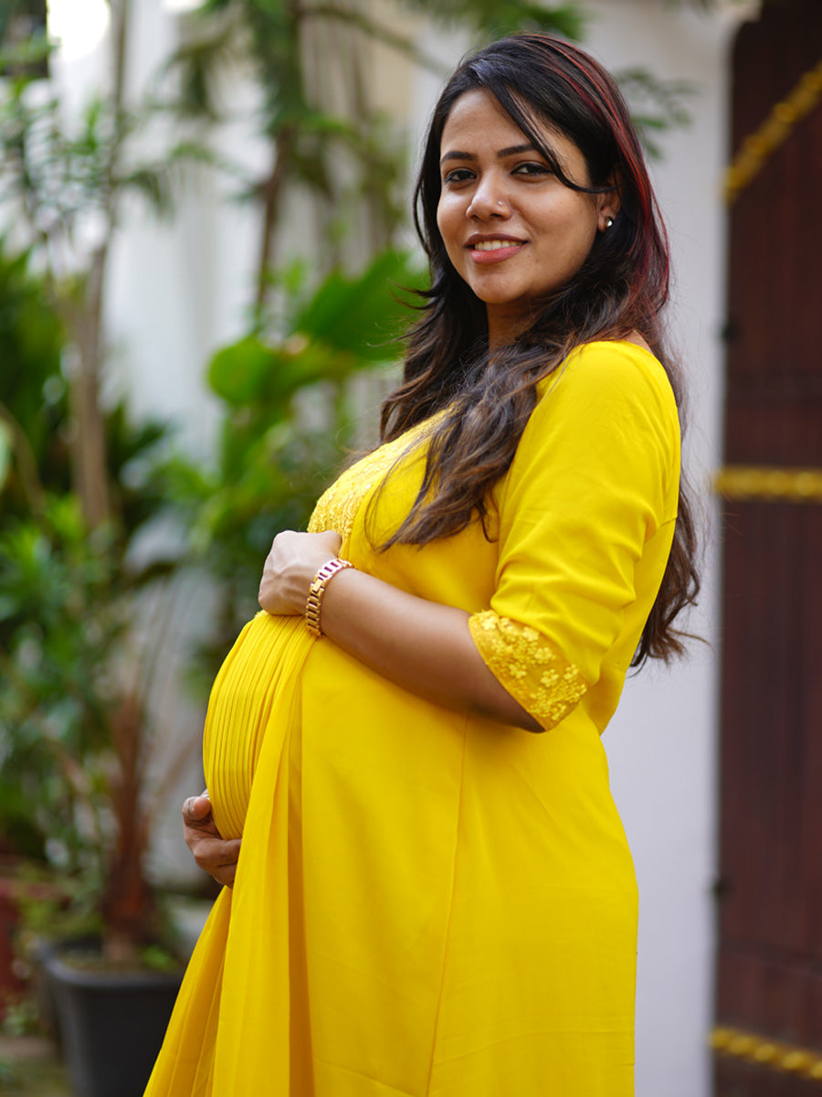 Sunshine Elegance Yellow Maternity Party-Wear Dress with D-Net Yoke