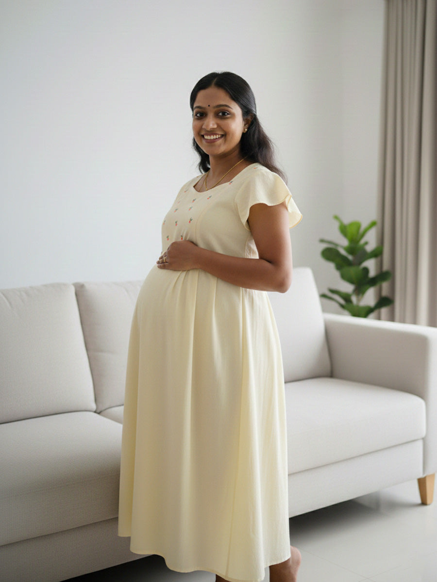 Yellow Plain Cotton Maternity & Nursing Dress with Flutter Sleeves | Ziva