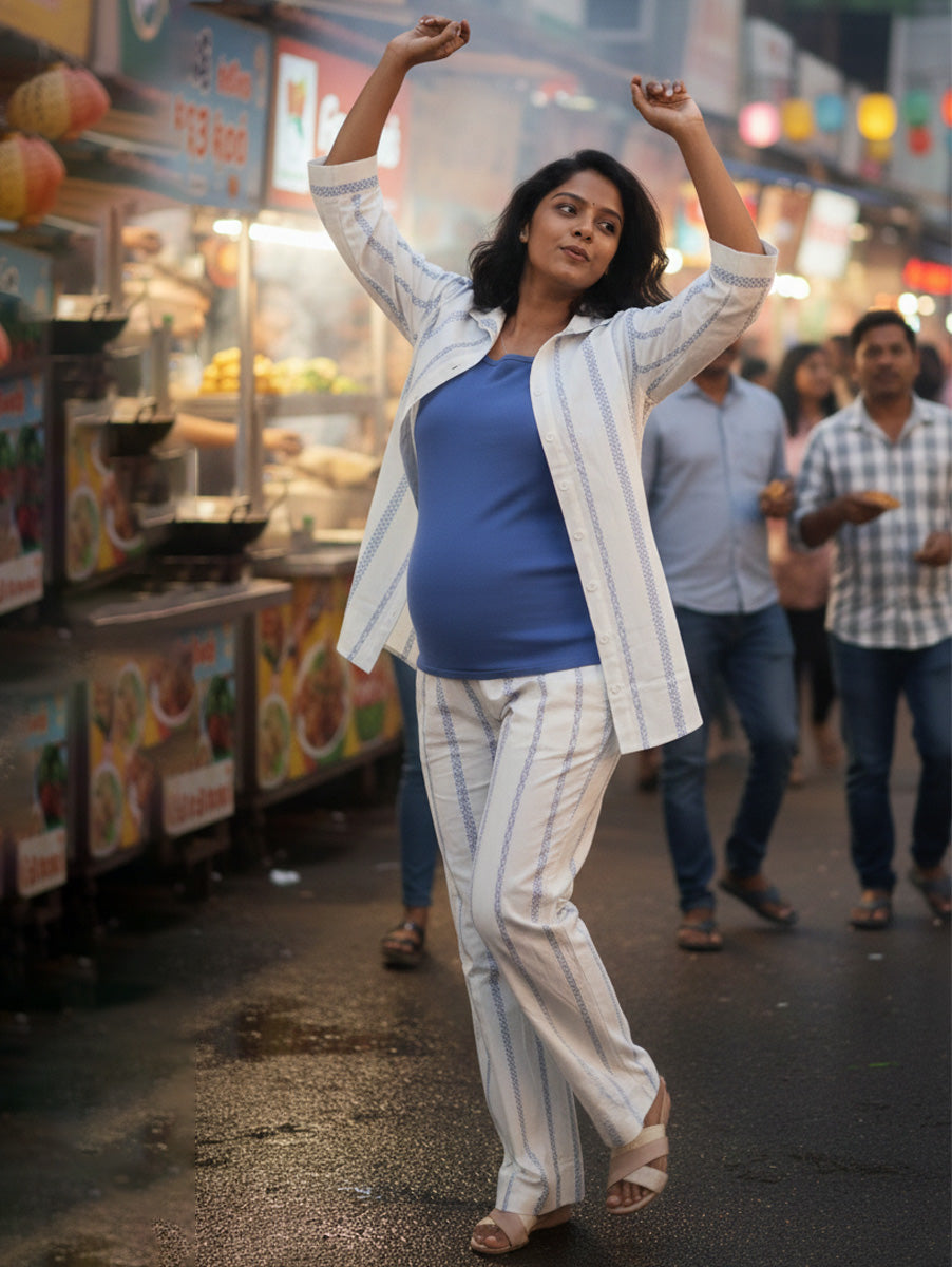 Ziva Light Cream & Blue Cotton Striped Maternity & Feeding Co-ord Set with Inner Baniyan (3-Piece Set)