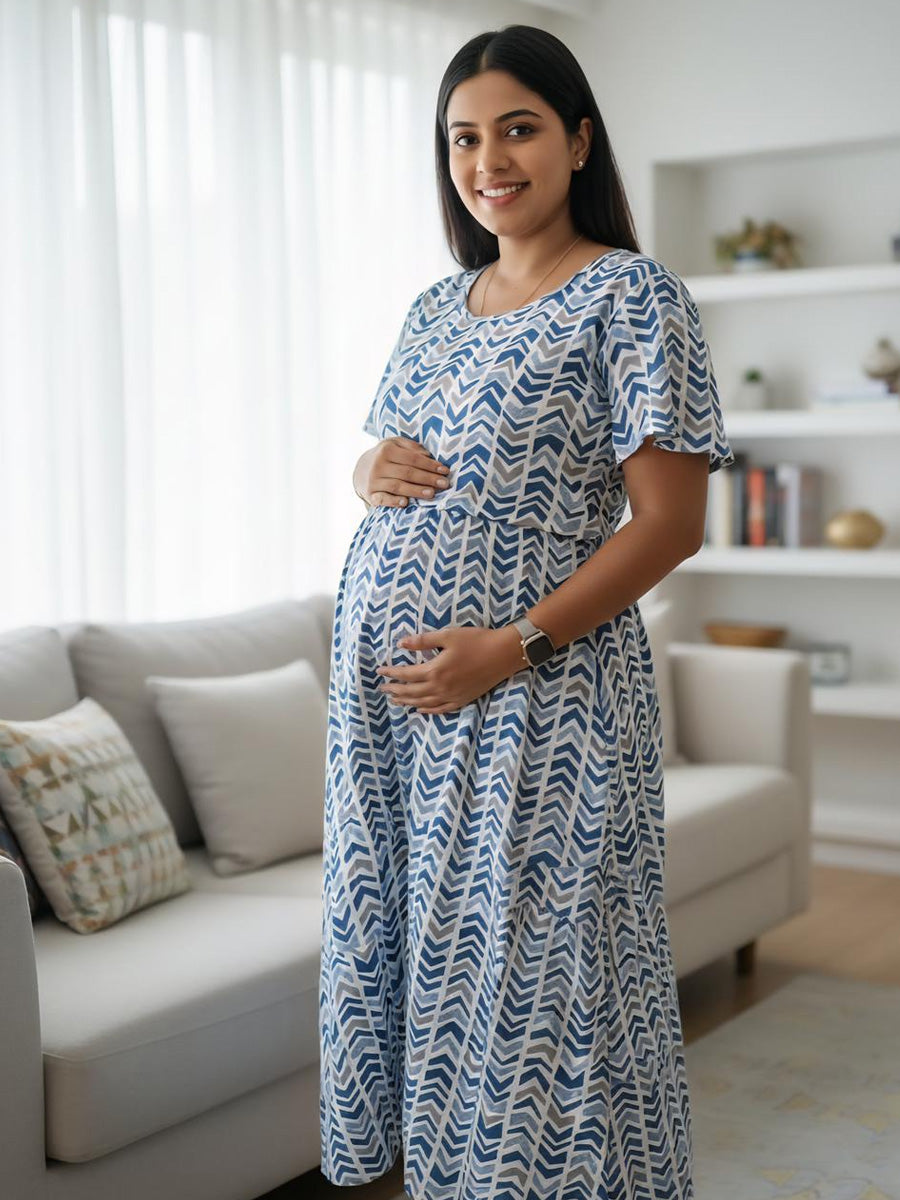 White base blue & grey Chevron Printed Zipless Knitted Maternity & Nursing Dress | Ziva
