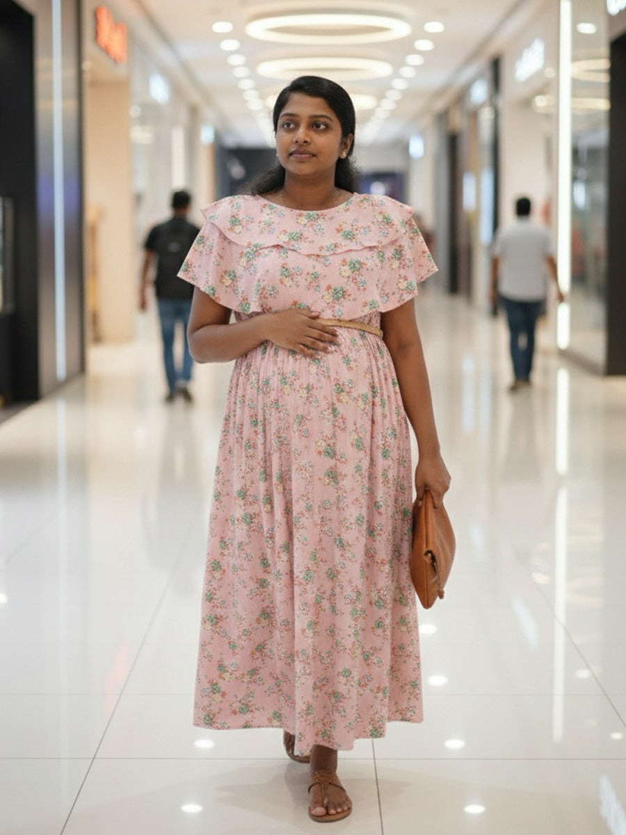 Light Pink Floral Ruffle Overlay Maternity & Feeding Dress