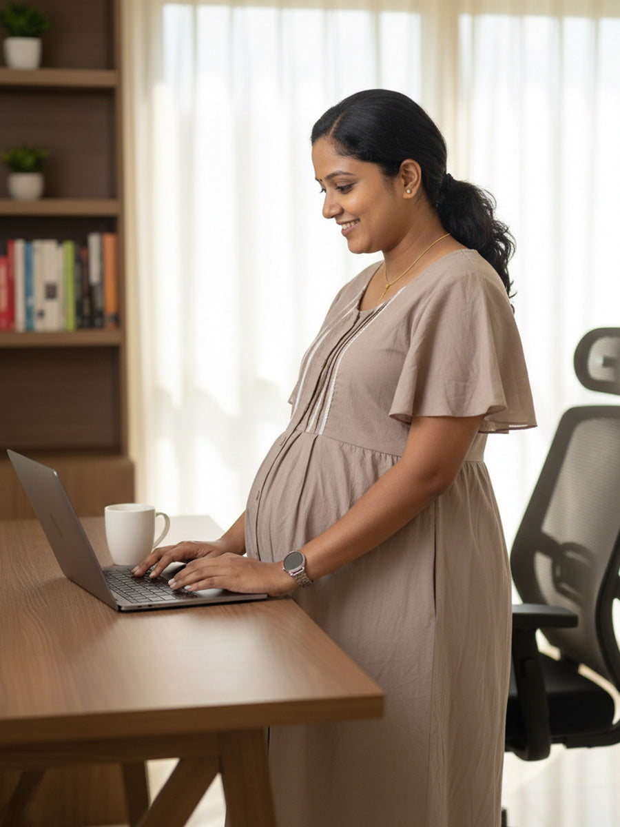 Dark Beige Full-Open Short Maternity & Feeding Nighty