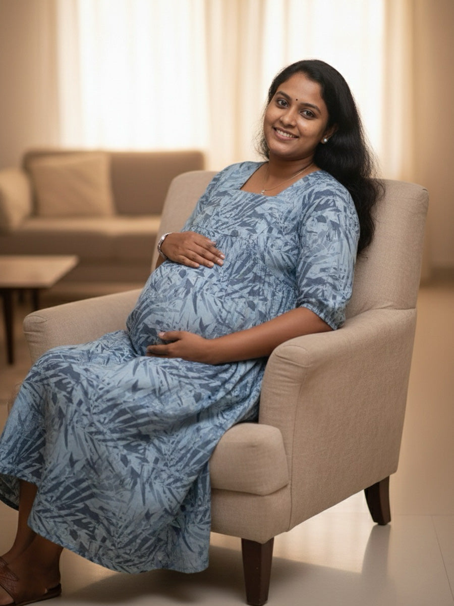 Light Blue Cotton Floral Maternity & Feeding Dress – Square Neck