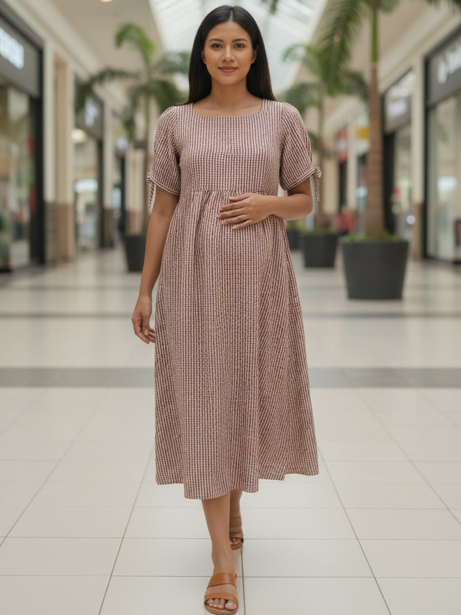 Trendy Maternity & Feeding Dress – Light Cocoa Brown & Cream Gingham (Seersucker Fabric)