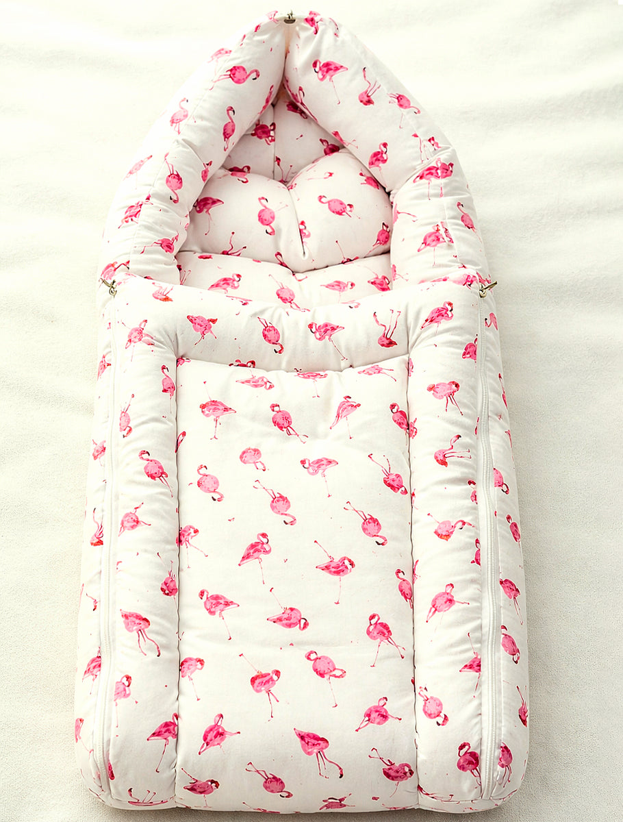 Ziva 3-in-1 Baby Bed –  Carry Nest cum Sleeping Bag (Flamingo Pink Print on White cotton Fabric)