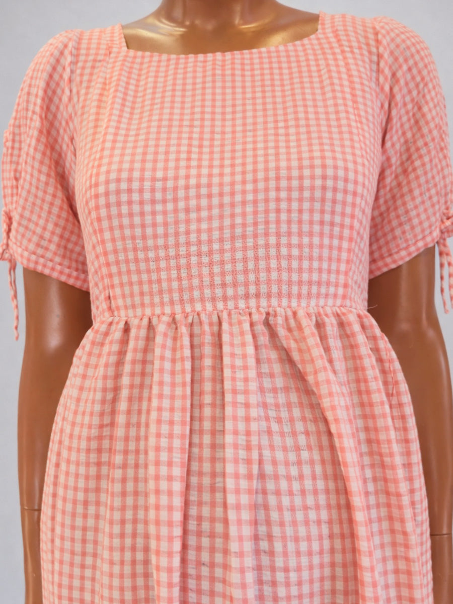 Pink Gingham Cotton Blend Seersucker Nursing Midi Dress with Side Zips & Pockets