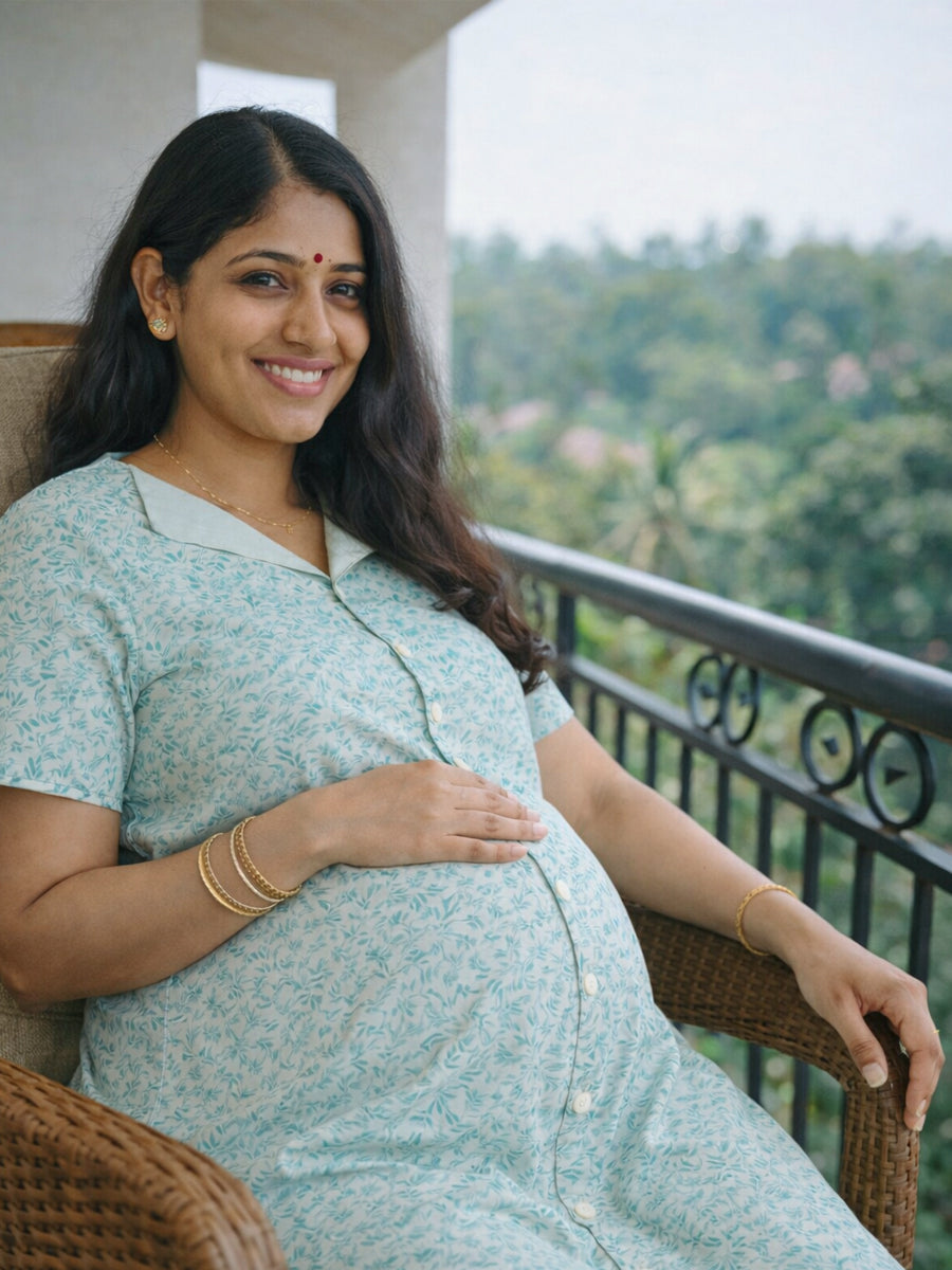 Cotton Full Open Maternity & Nursing Nighty – Light Blue-Grey Floral Print – Full Length