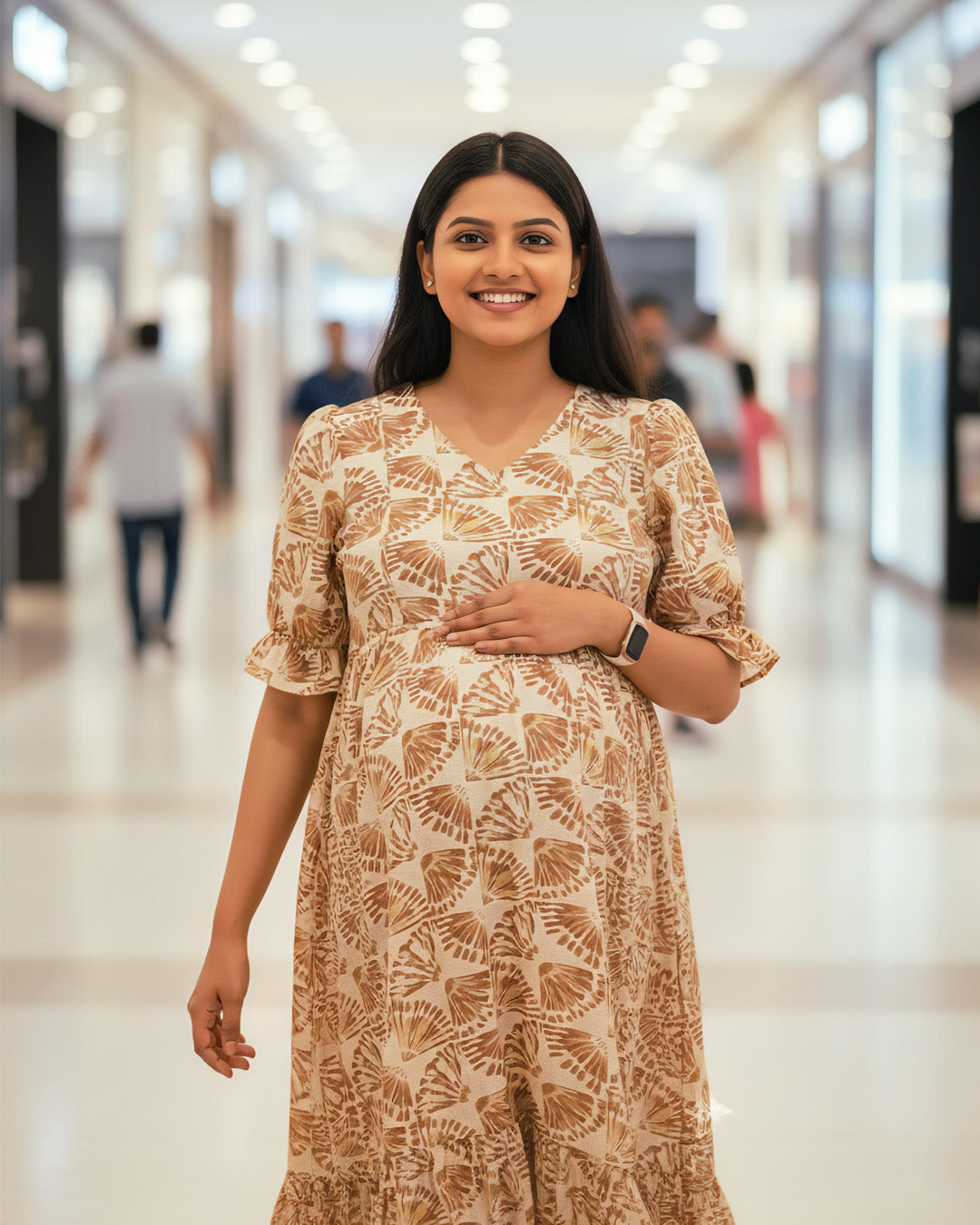 Off-White & Brown Floral Block Print Maternity & Nursing Dress – ziva