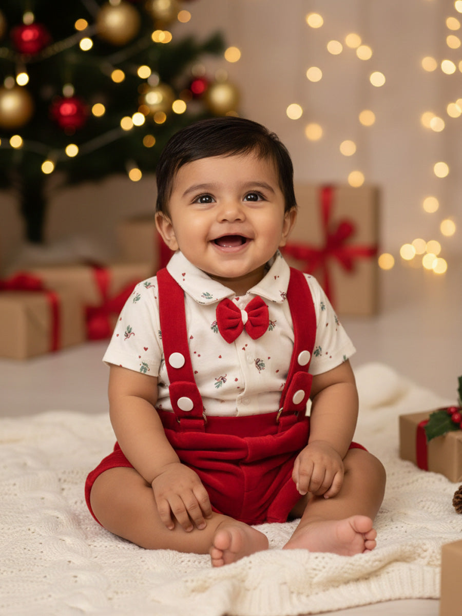 White Collared Shirt & Red Strap Shorts Baby Outfit – Festive & Stylish Set