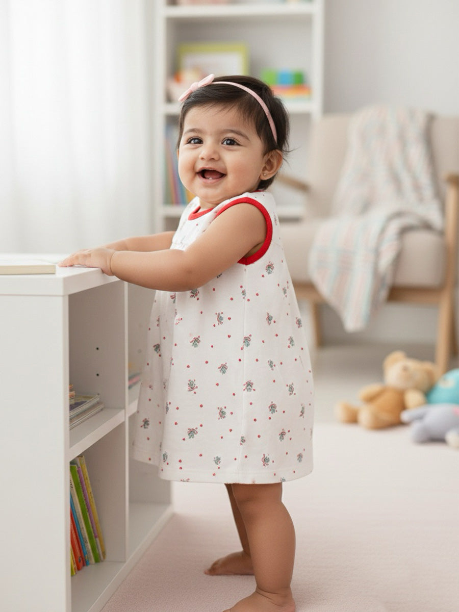 White Christmas Bow Print Baby Girl Sleeveless Dress with Built-In Bloomers