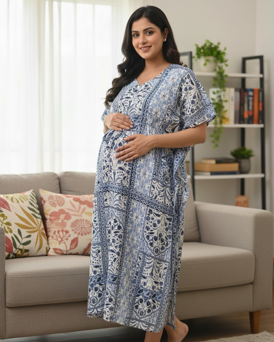Maternity & Nursing Kaftan – White with Blue Paisley Print, Dual Zip Feeding Access | ziva