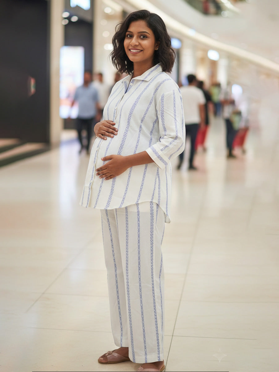 Ziva Light Cream & Blue Cotton Striped Maternity & Feeding Co-ord Set with Inner Baniyan (3-Piece Set)