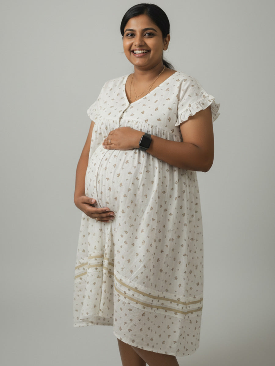 White Yellow-Floral Full-Open Maternity & Nursing Nighty – Cotton by Ziva
