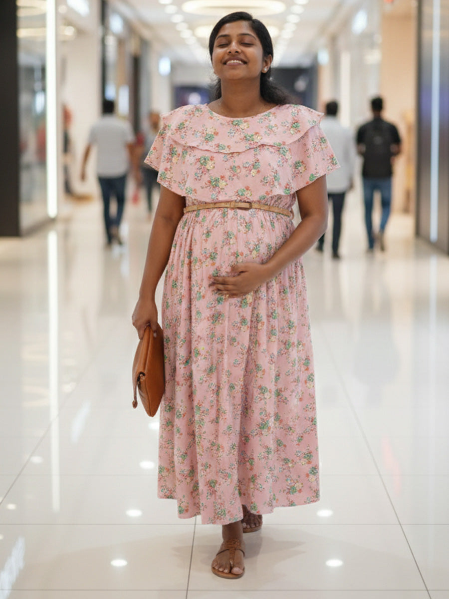 Light Pink Floral Ruffle Overlay Maternity & Feeding Dress