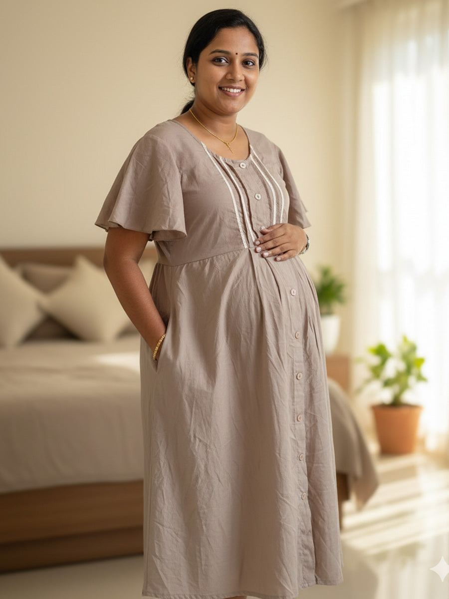 Dark Beige Full-Open Short Maternity & Feeding Nighty