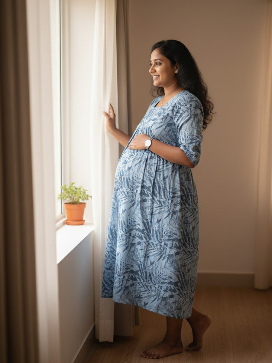 Light Blue Cotton Floral Maternity & Feeding Dress – Square Neck