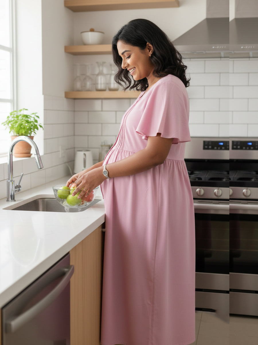 Pink Full-Open Short Maternity & Feeding Nighty – Elegant Plain Design