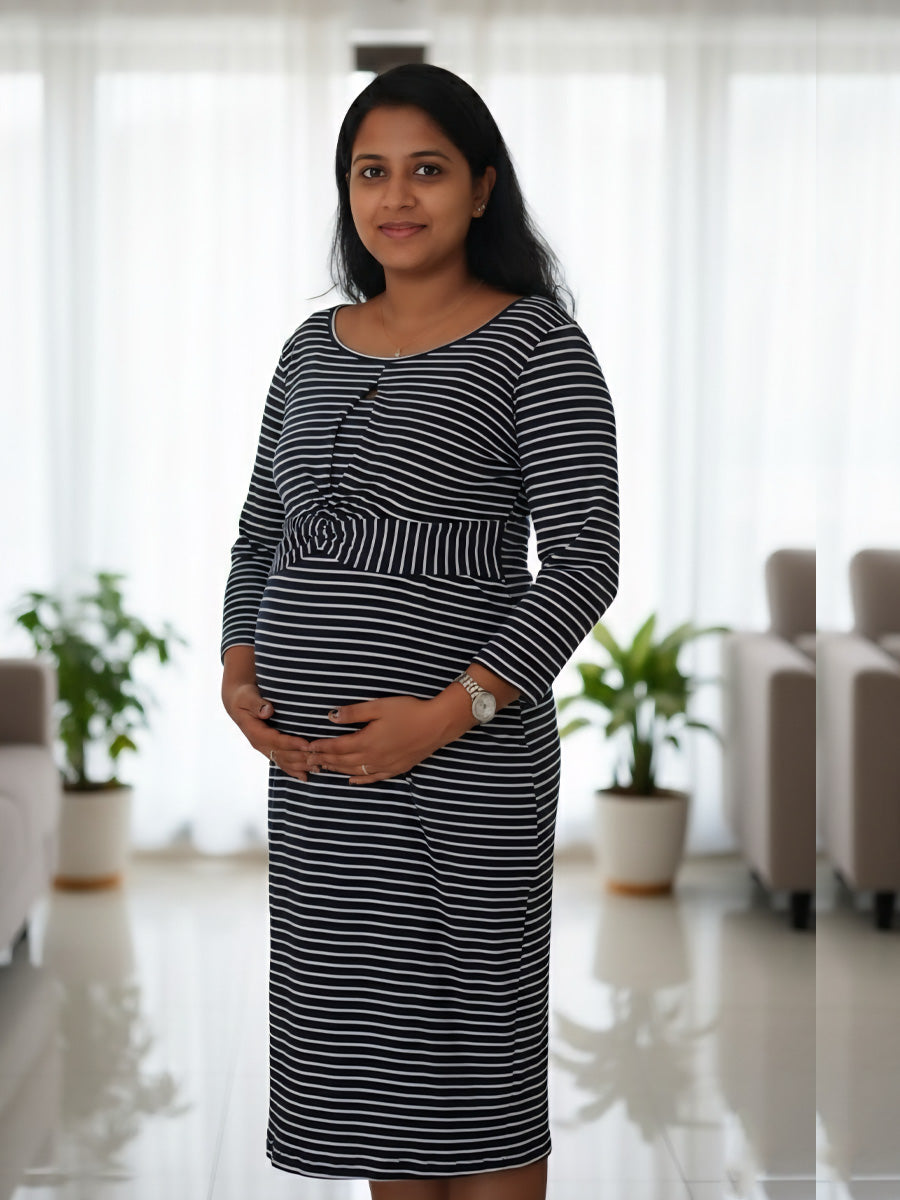 Navy Blue Knitted with White Striped Twisty Zipless Maternity Dress – Stretch Fit Elegance