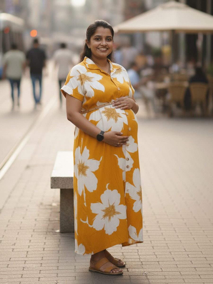 Mustard Floral Shirt Dress – Full Open Nursing | Ziva