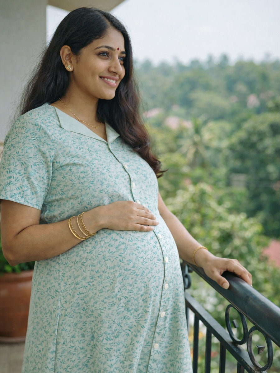 Cotton Full Open Maternity & Nursing Nighty – Light Blue-Grey Floral Print – Full Length