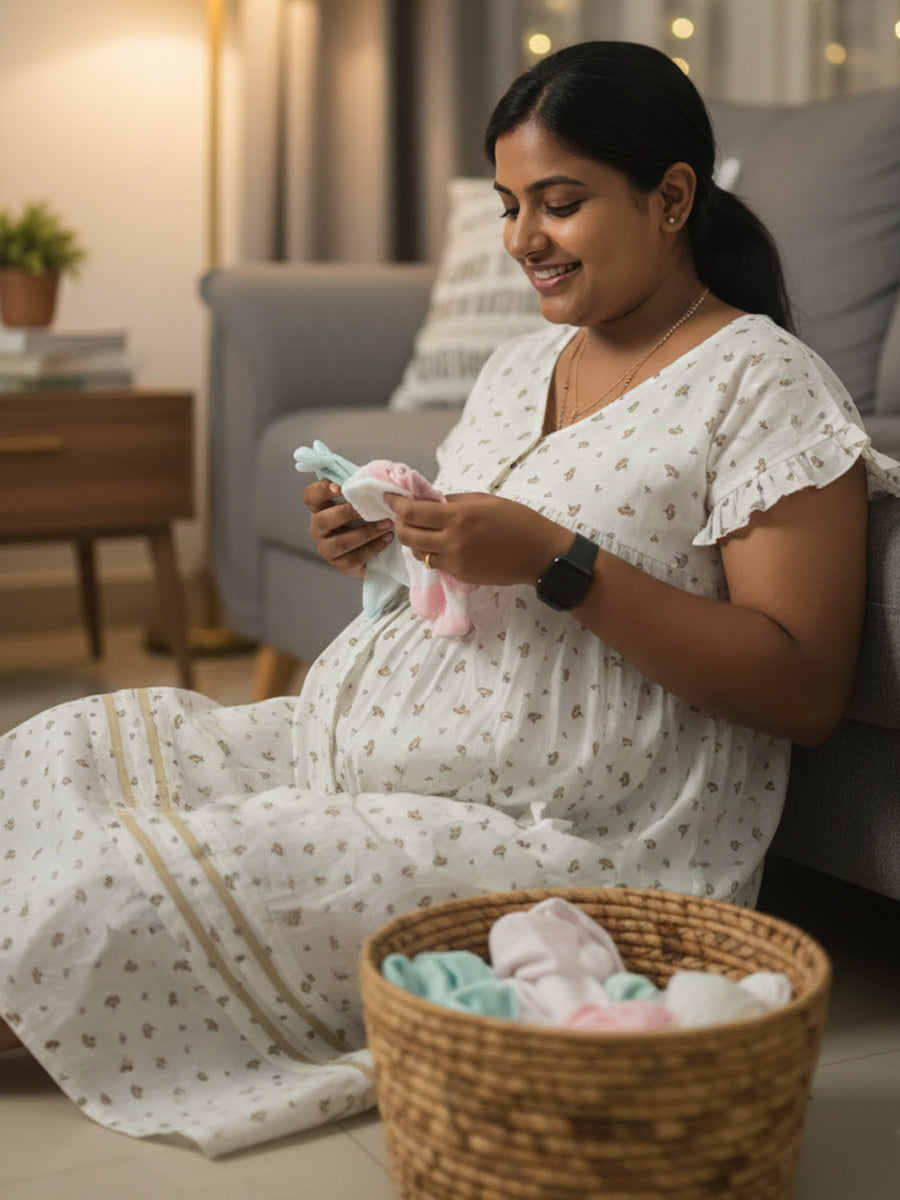 White Yellow-Floral Full-Open Maternity & Nursing Nighty – Cotton by Ziva