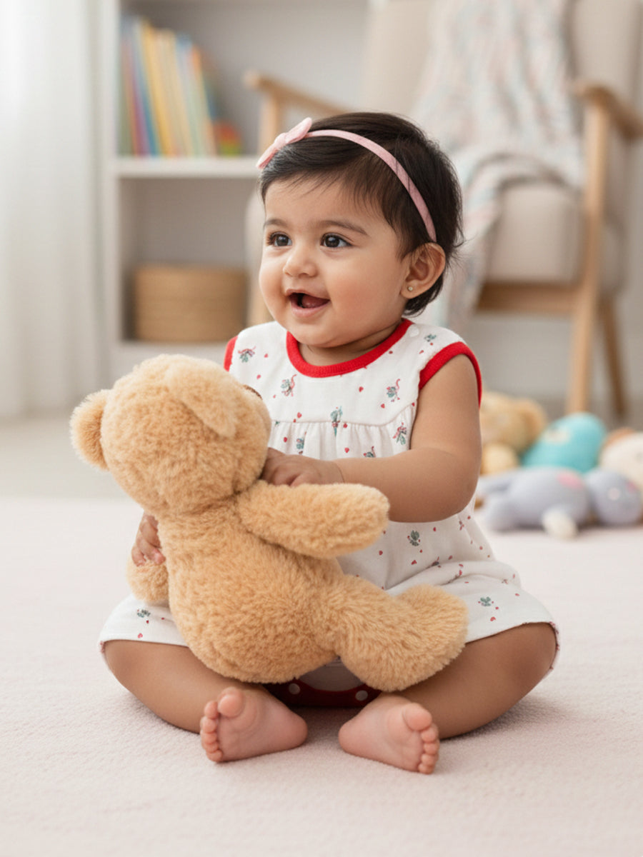 White Christmas Bow Print Baby Girl Sleeveless Dress with Built-In Bloomers