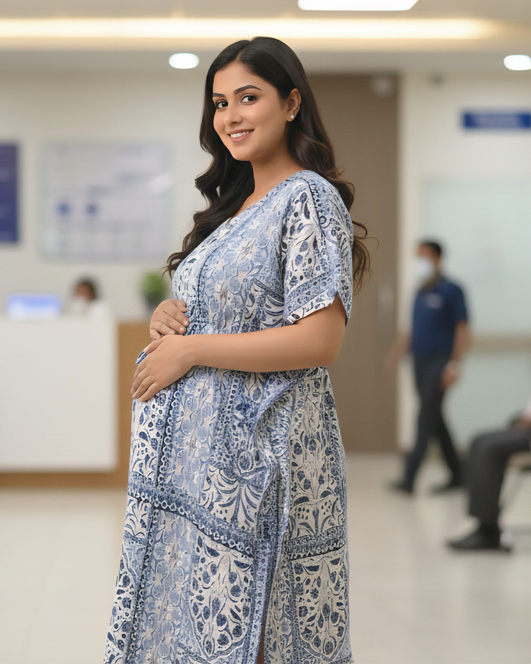 Maternity & Nursing Kaftan – White with Blue Paisley Print, Dual Zip Feeding Access | ziva