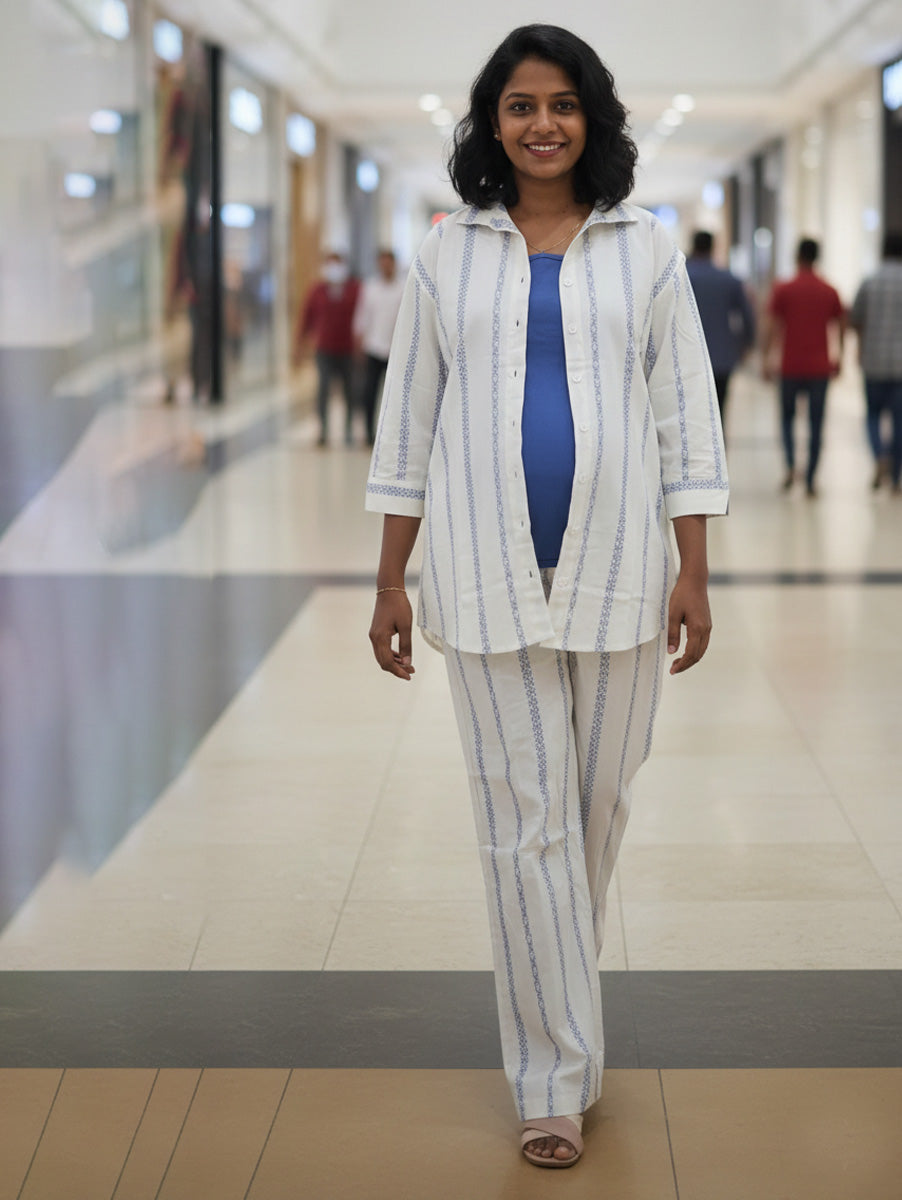 Ziva Light Cream & Blue Cotton Striped Maternity & Feeding Co-ord Set with Inner Baniyan (3-Piece Set)