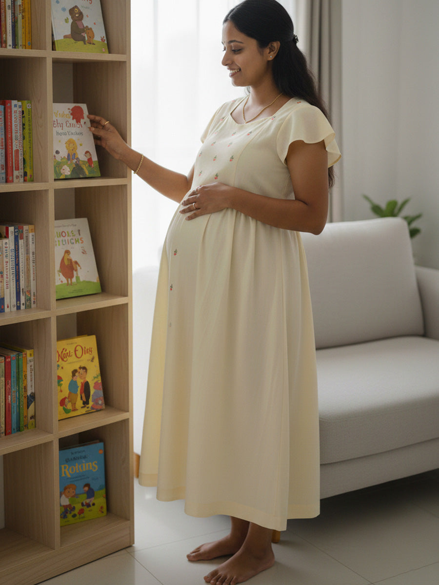 Yellow Plain Cotton Maternity & Nursing Dress with Flutter Sleeves | Ziva