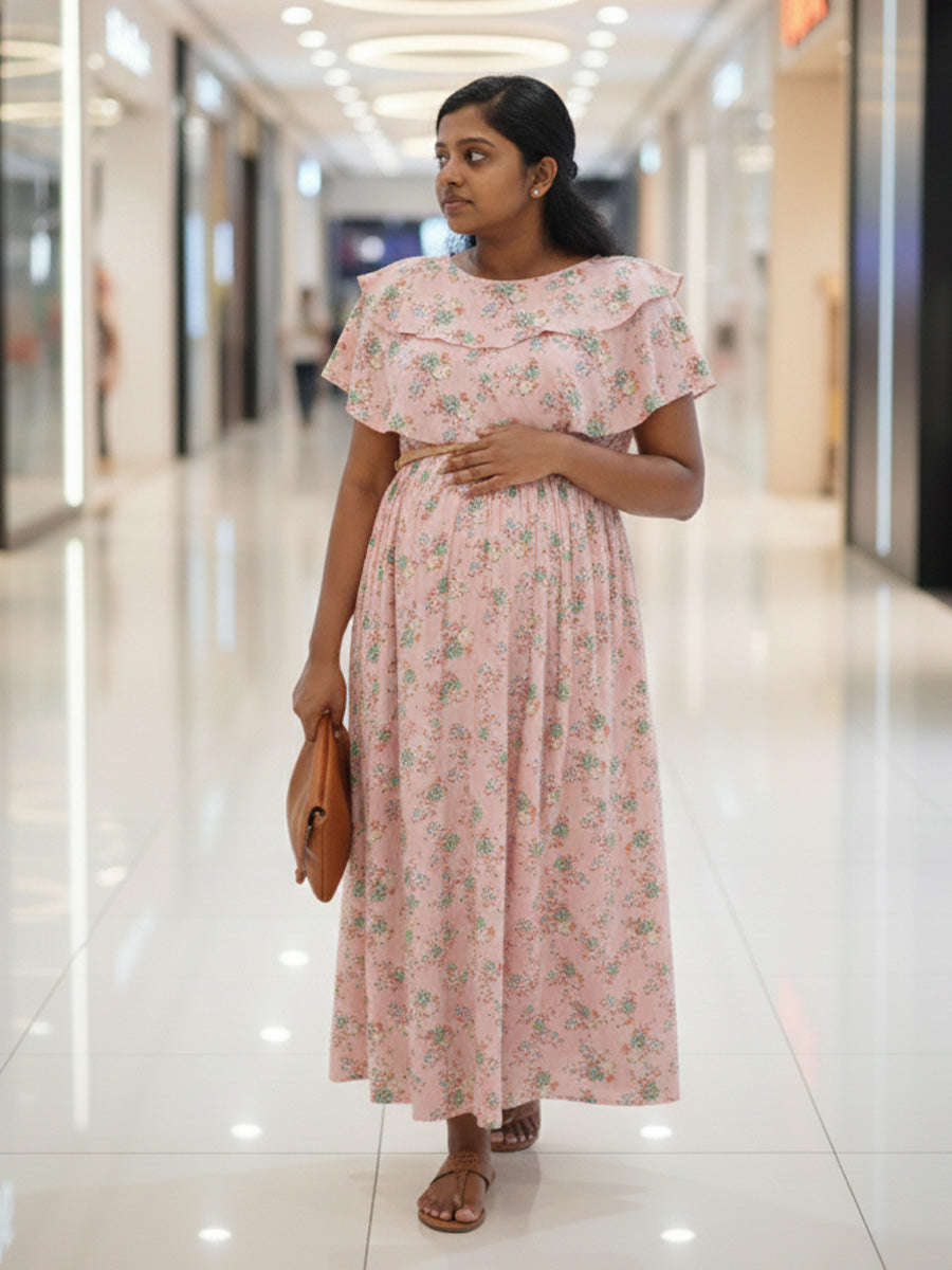Light Pink Floral Ruffle Overlay Maternity & Feeding Dress
