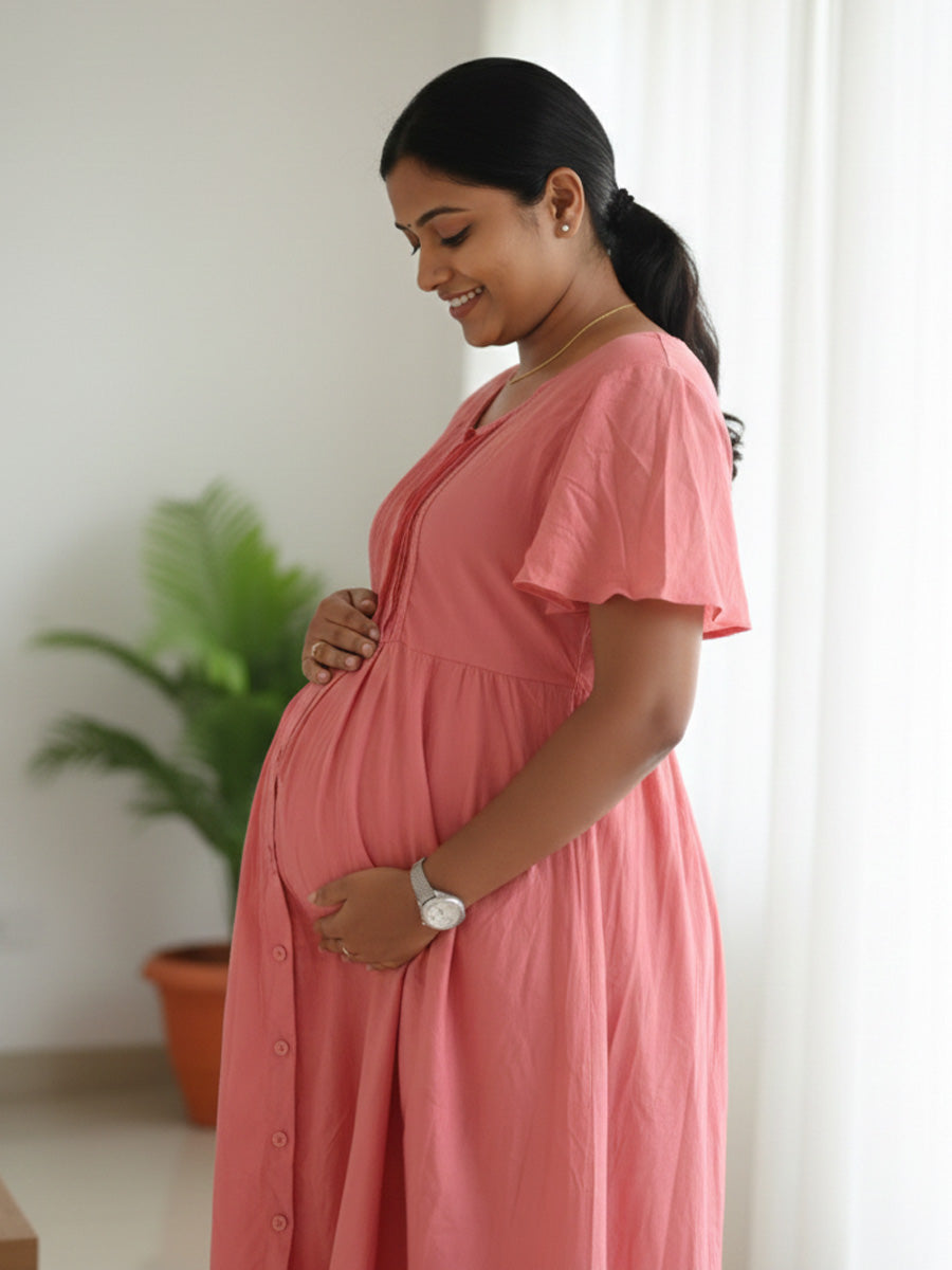 Peach Full-Open Short Maternity & Feeding Nighty with Lace Yoke