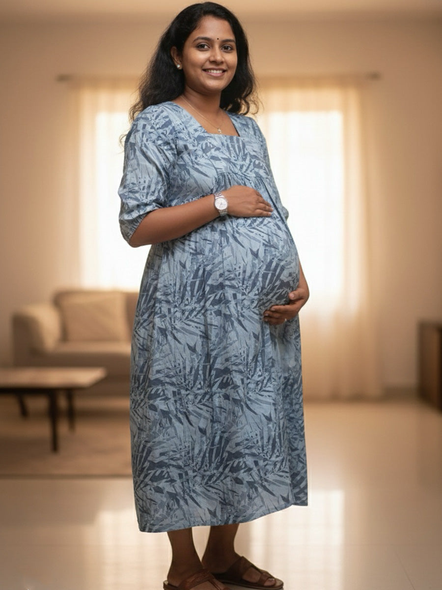 Light Blue Cotton Floral Maternity & Feeding Dress – Square Neck