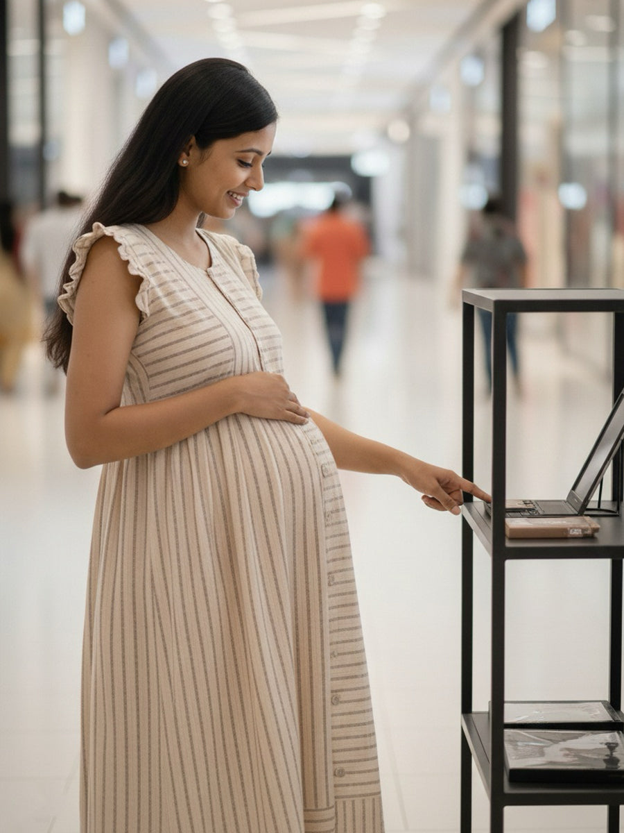 Rose Cream Organic Cotton Maternity & Feeding Dress – Brown Striped Elegance