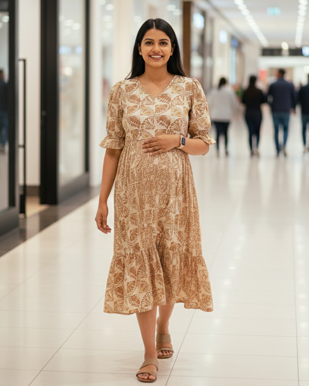 Off-White & Brown Floral Block Print Maternity & Nursing Dress – ziva