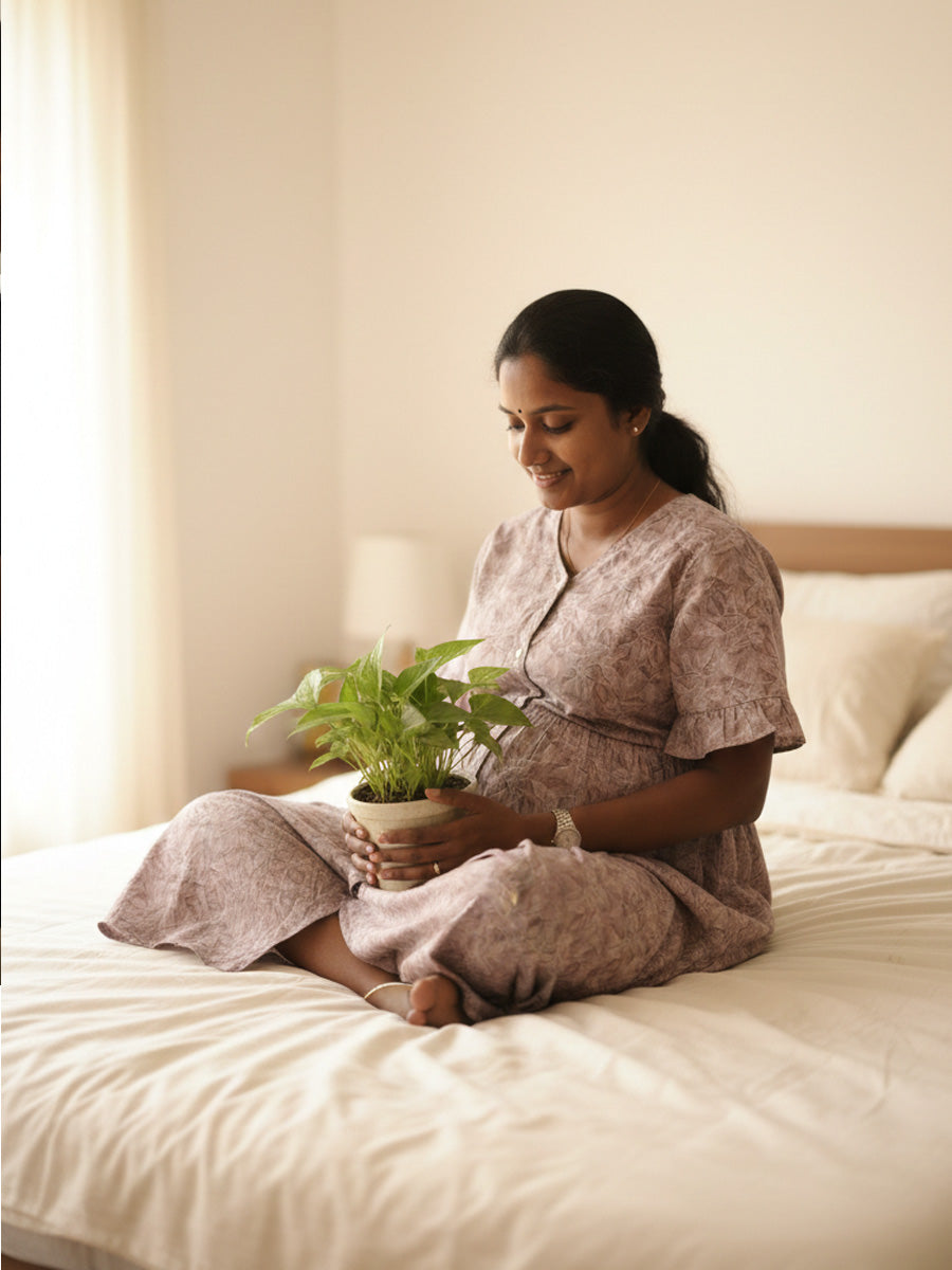 Full-Open Cotton Nursing Nighty – Full Length Mauve Leaf Print | Ziva