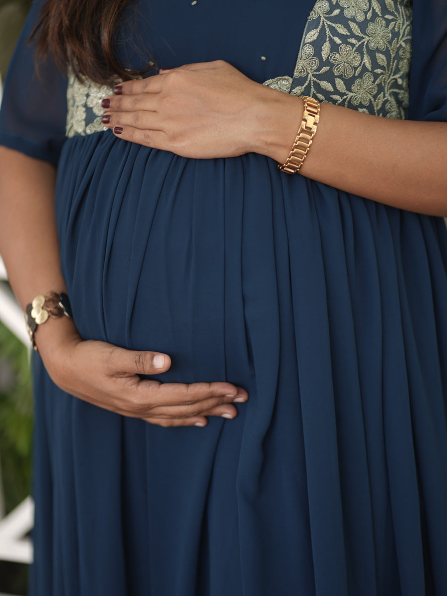 Royal Peacock Blue Maternity Party-Wear Dress with D-Net Yoke & Pleated Skirt