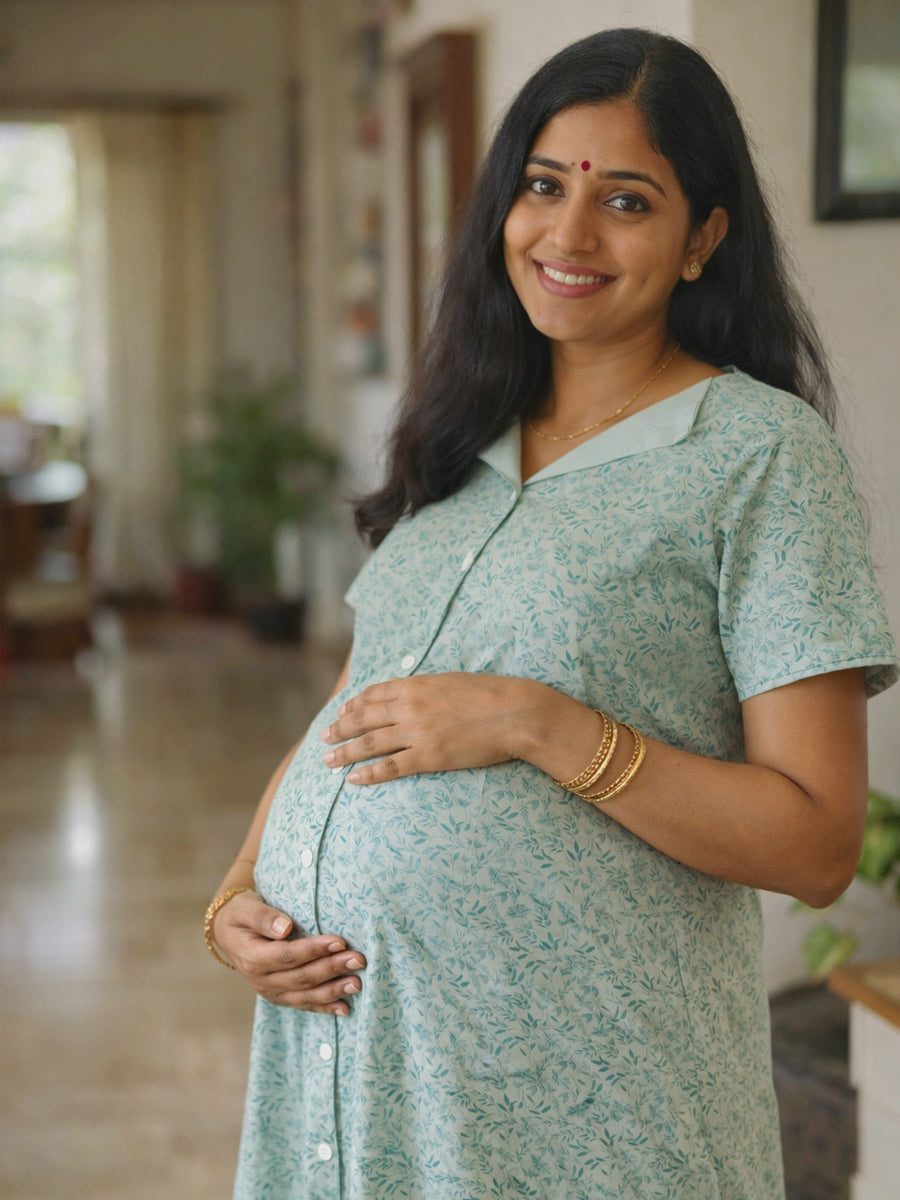 Cotton Full Open Maternity & Nursing Nighty – Light Blue-Grey Floral Print – Full Length