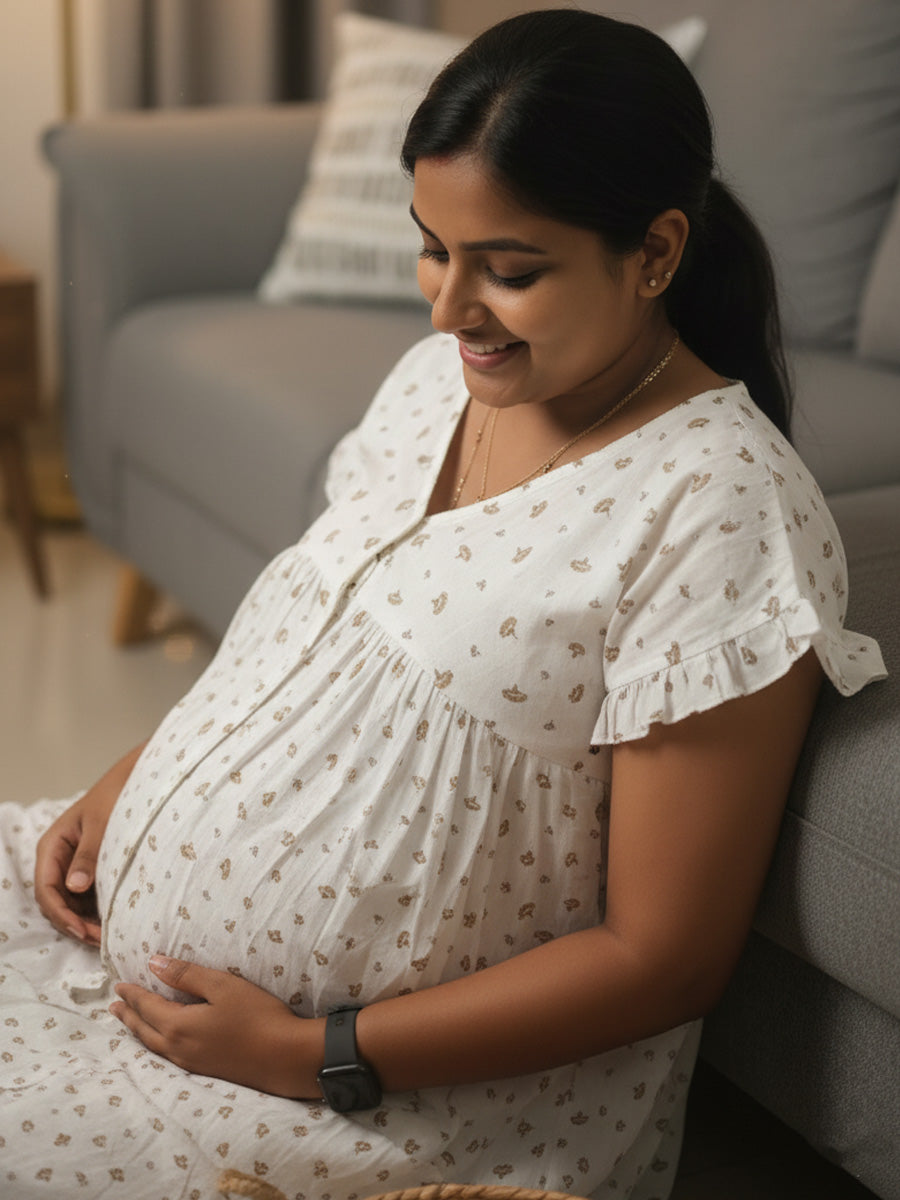 White Yellow-Floral Full-Open Maternity & Nursing Nighty – Cotton by Ziva